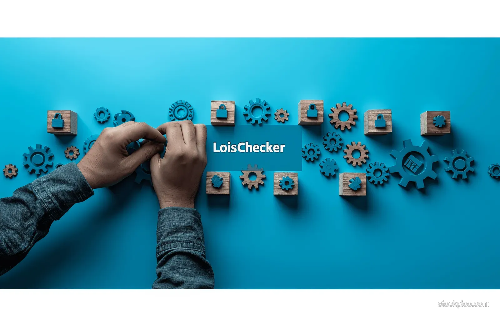 Hands move wooden cubes with gear icons across a blue progress bar background.