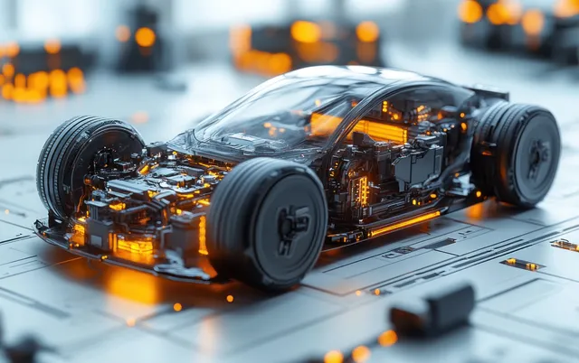 Isometric cutaway electric car chassis with glowing battery modules and detailed suspension under blue light.