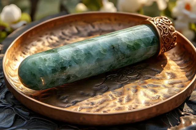 Jade roller on copper tray with skincare spa setup and natural window light