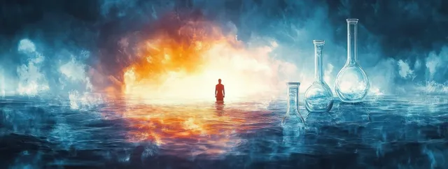 Silhouette standing in calm water, facing glowing light, with glass lab flasks drifting