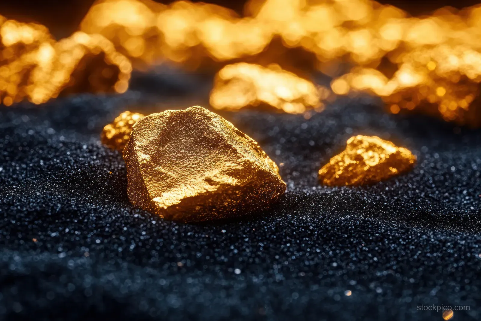 Shiny gold nuggets lie on fine black sand under warm golden glow and soft bokeh lights.