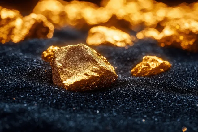 Shiny gold nuggets scattered on black sand with warm glowing bokeh background