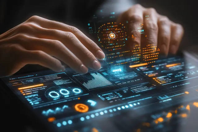 Hands reach toward a transparent holographic dashboard displaying blue and orange analytics charts and graphs.