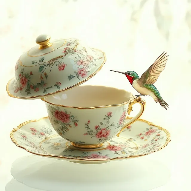 Porcelain teacup set with pink floral patterns and a hummingbird hovering beside it under soft light.