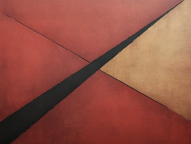 Abstract geometric triangles in black, red, and beige intersect against a textured red-beige background, creating a bold visual contrast.