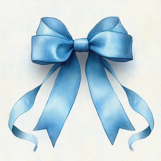 Watercolor blue ribbon bow tied on clean white background with soft pastel folds