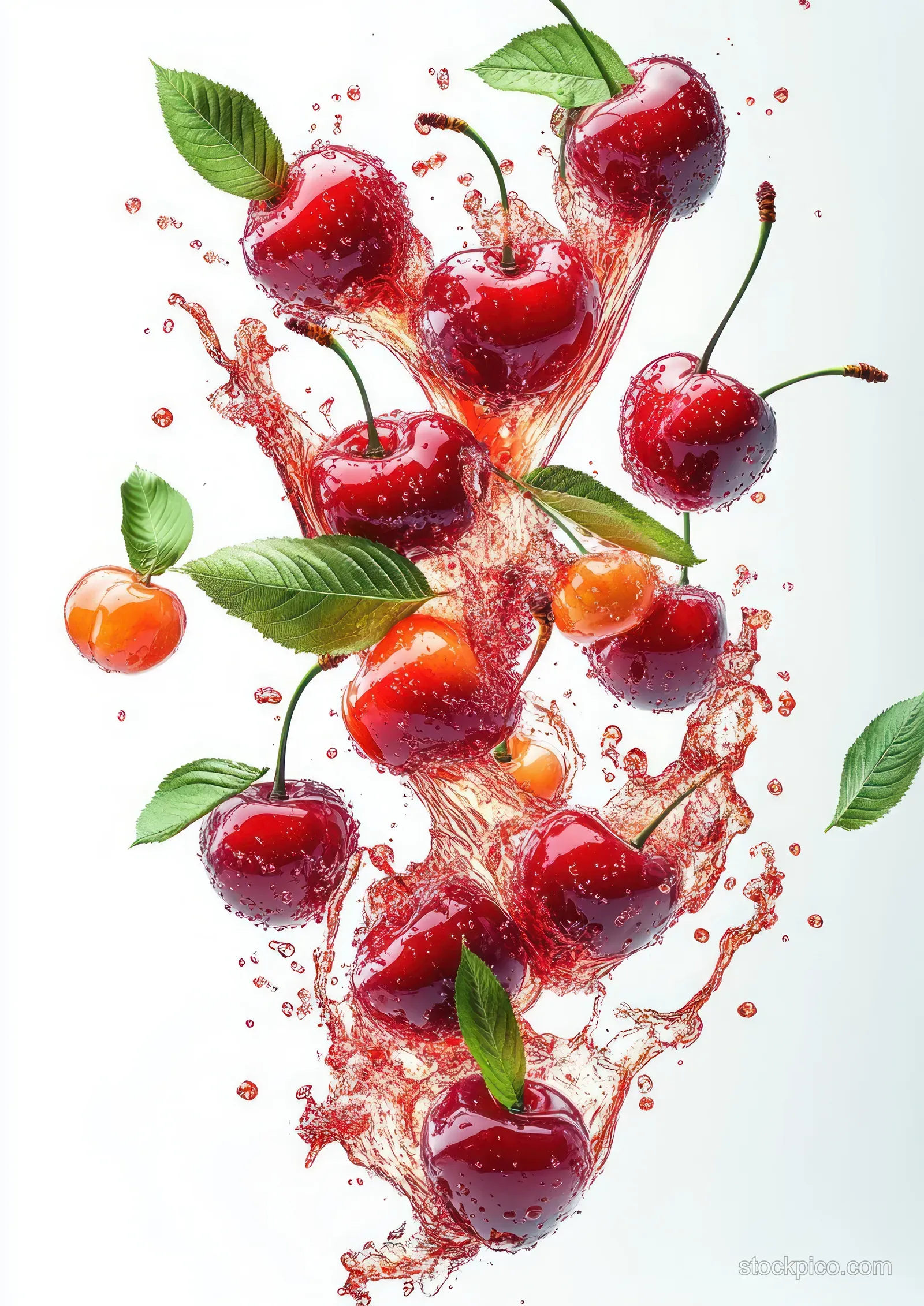 Red cherries with green leaves explode in splashes of cherry juice over a white background.