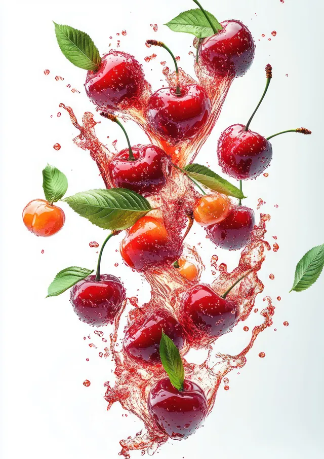 Red cherries with green leaves explode in splashes of cherry juice over a white background.