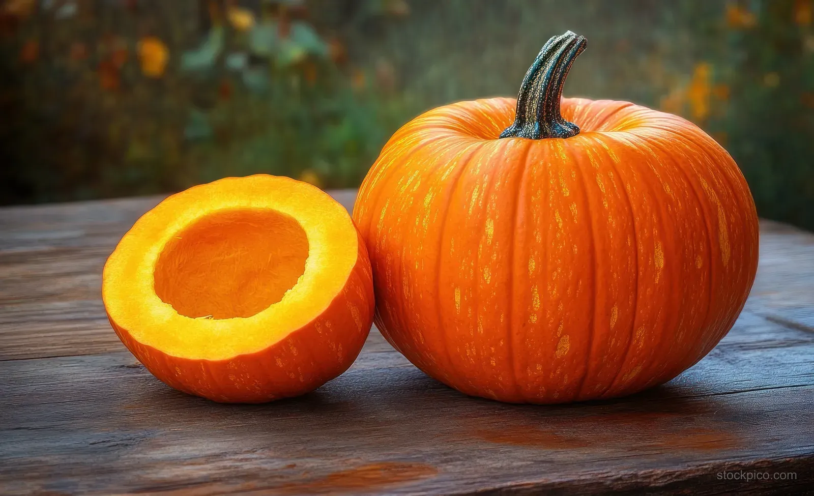 A whole pumpkin and a cut half rest on a rustic wooden table with warm natural light.