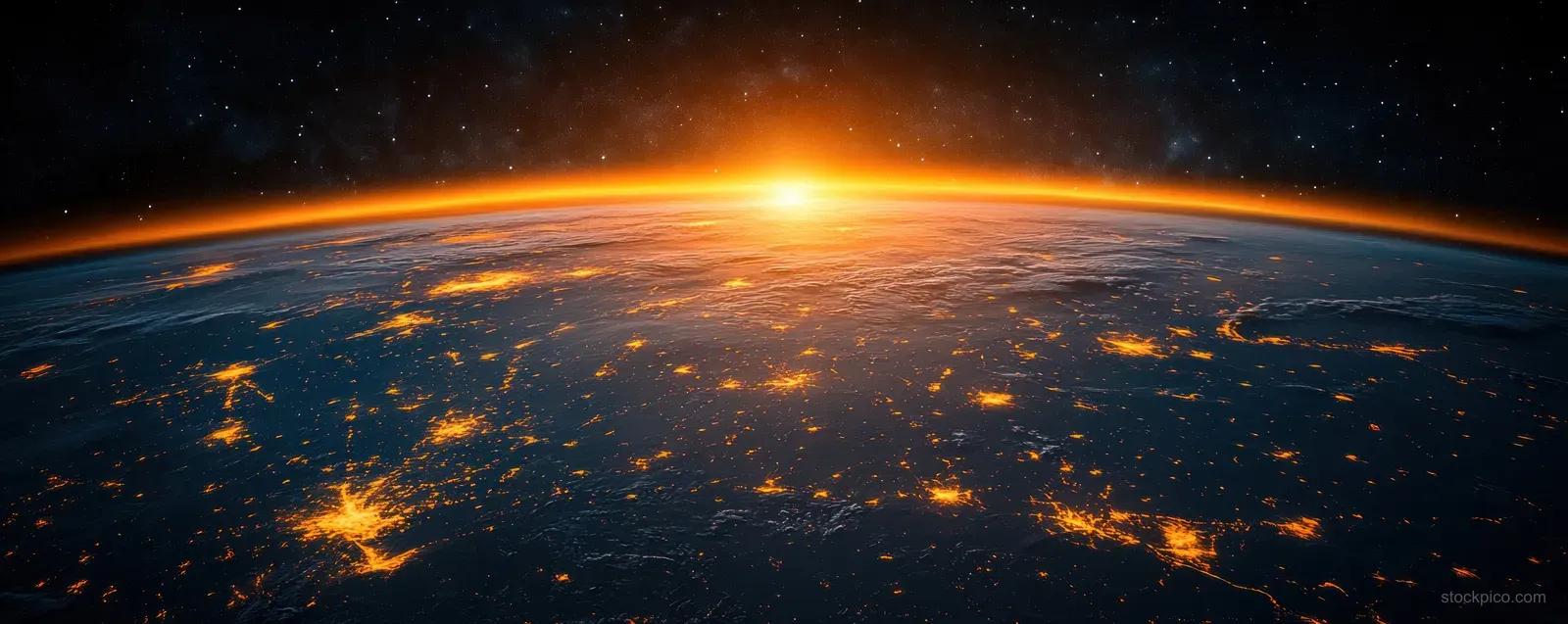 Earth viewed from above at night showing Europe’s glowing city lights along a curved horizon.