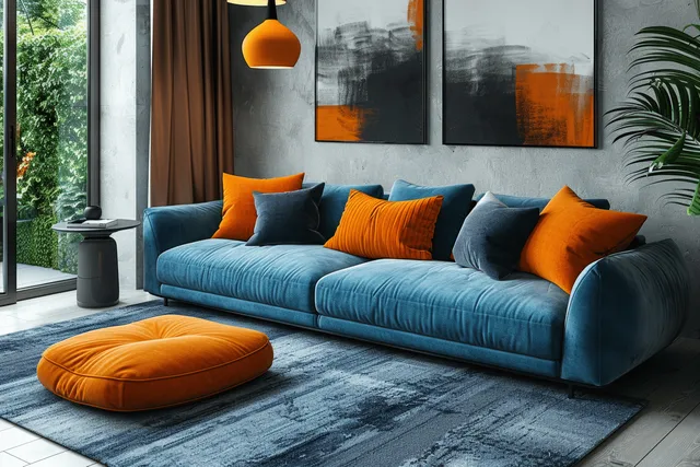Blue sofa with orange pillows sits on a gray rug under a pendant lamp beside abstract wall art.