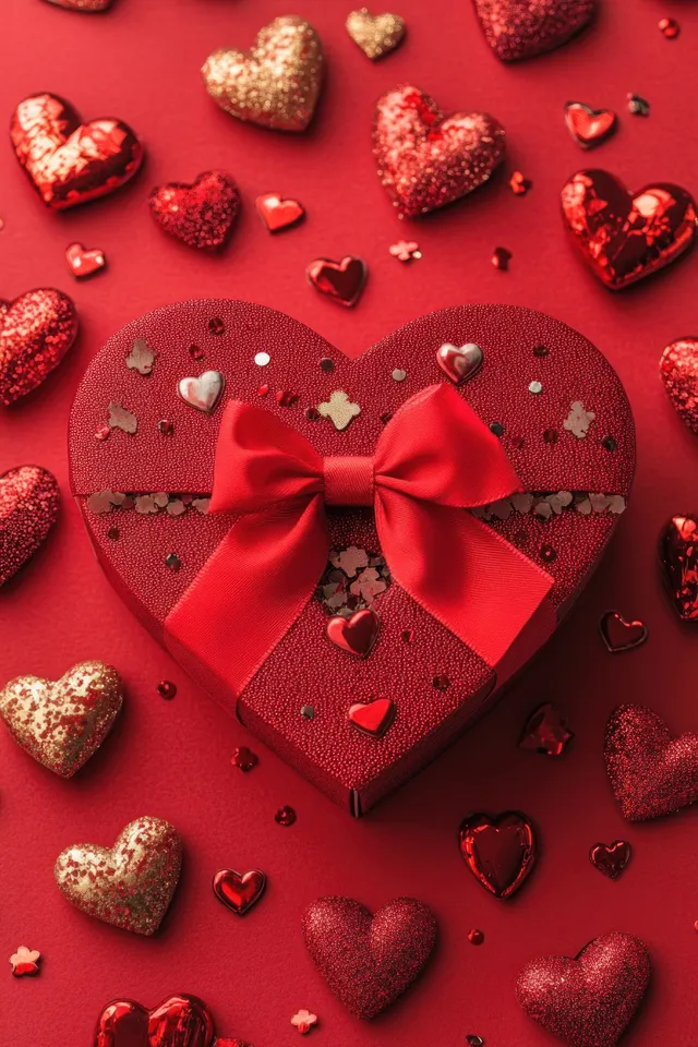 Red heart-shaped gift box with a satin bow surrounded by scattered red hearts and confetti on a red background.