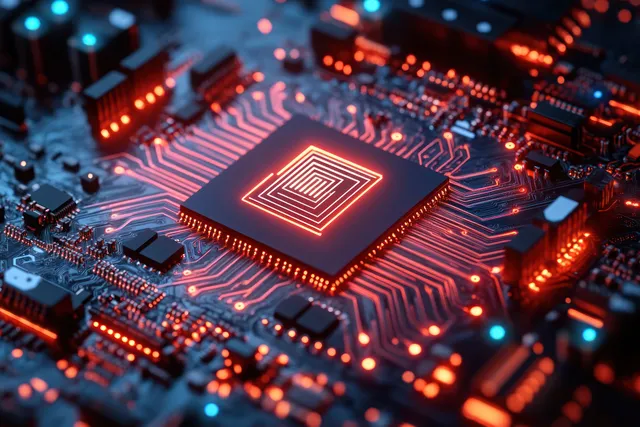 Close-up of a circuit board with a red-glowing microchip and detailed electronic pathways.