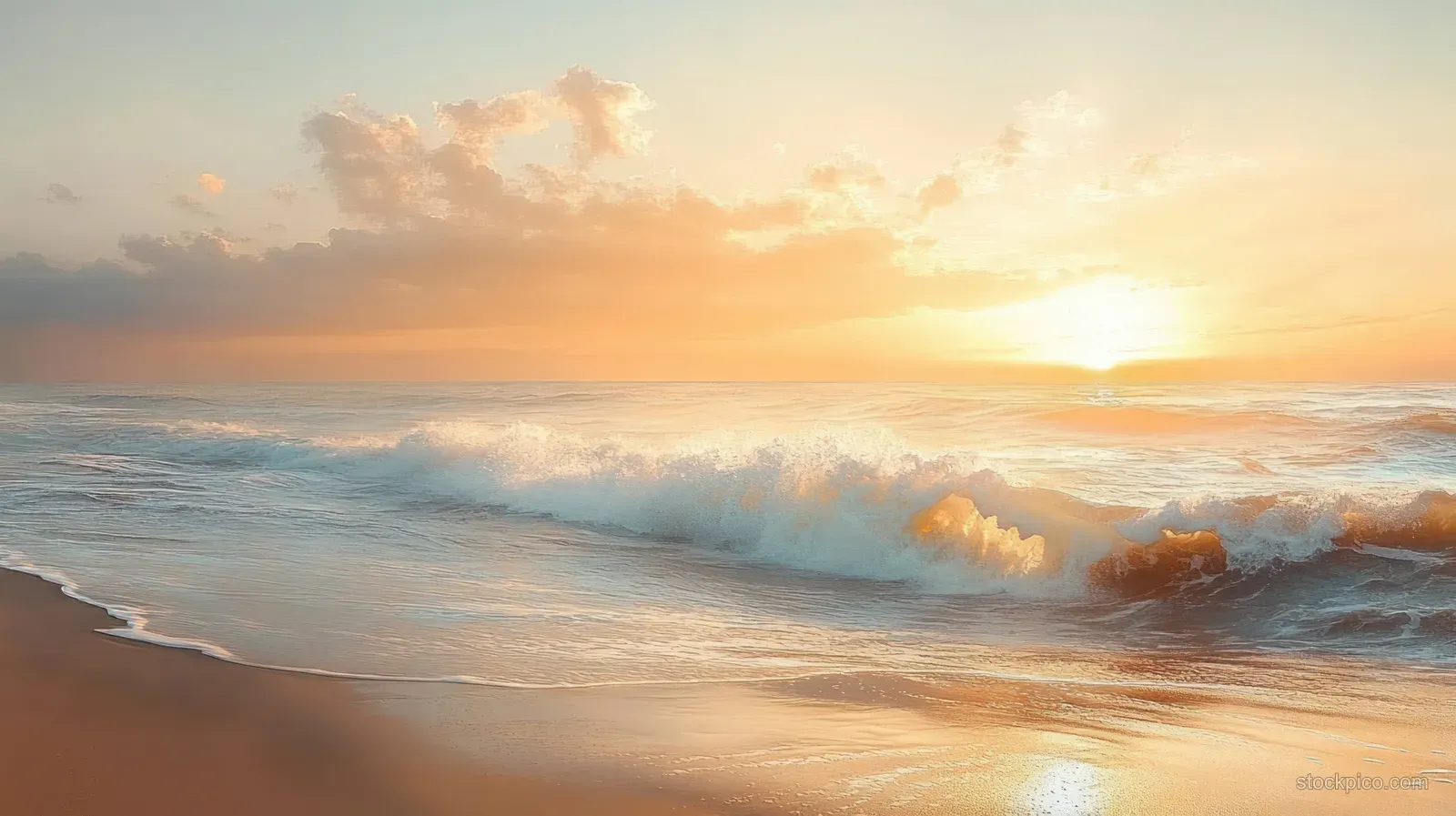 Golden sunrise over a sandy beach as ocean waves break softly beneath scattered clouds.