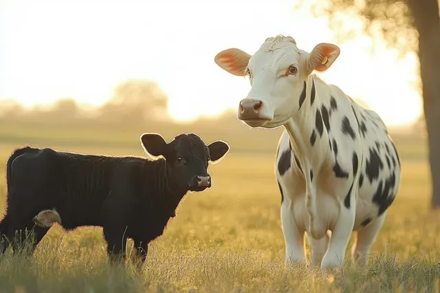 Mother cow and calf stand together in a sunlit spring pasture with soft shadows.