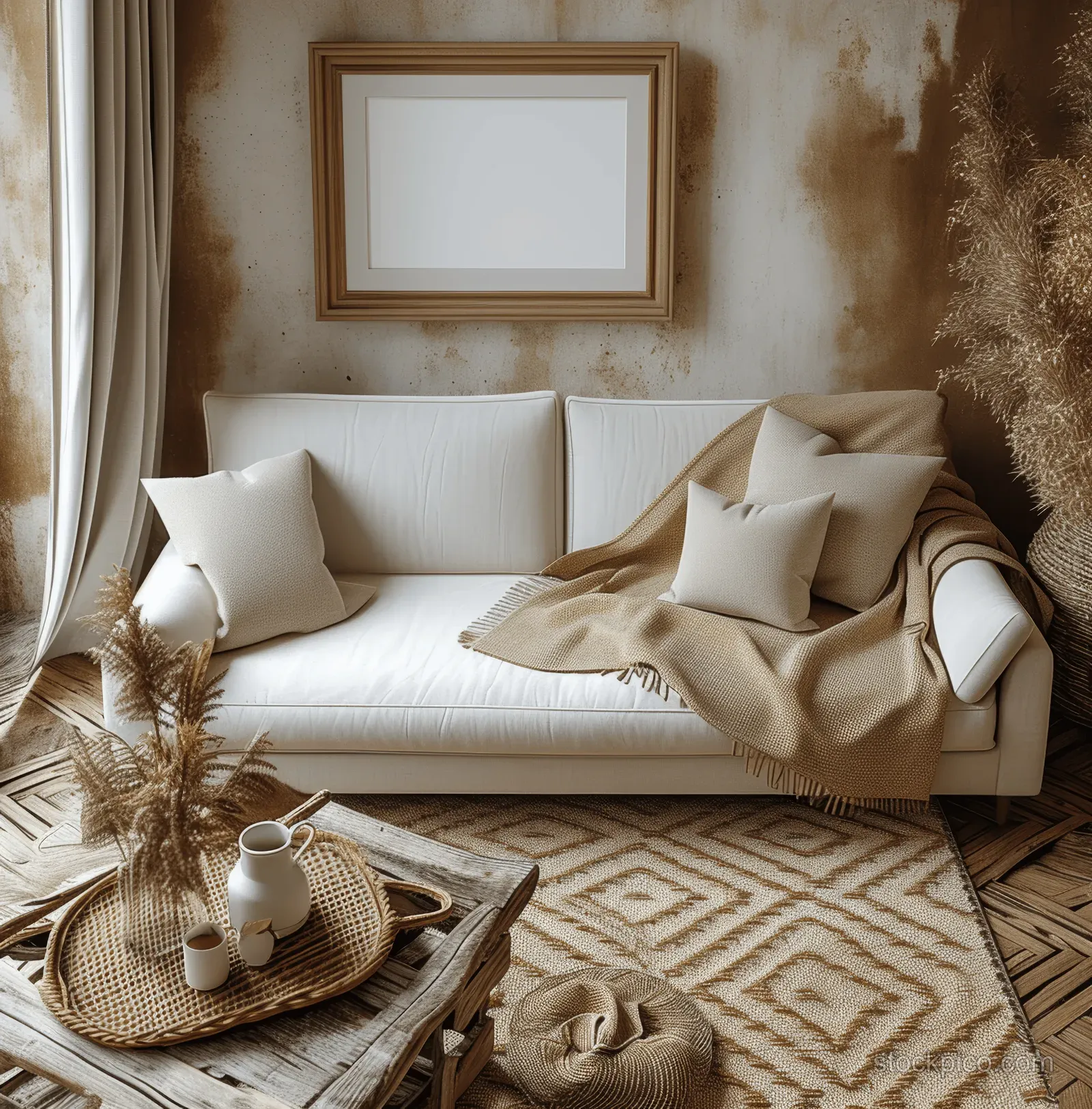 Beige sofa in a boho living room with a blank framed wall poster above cushions and pampas plants on a rug.