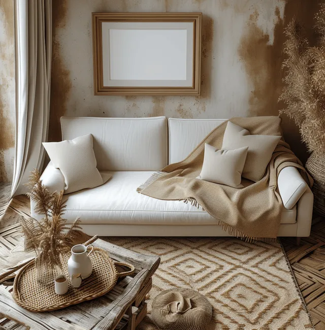 Beige sofa in a boho living room with a blank framed wall poster above cushions and pampas plants on a rug.