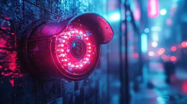 Cyberpunk CCTV camera close-up glowing with neon bokeh in a rainy city alley