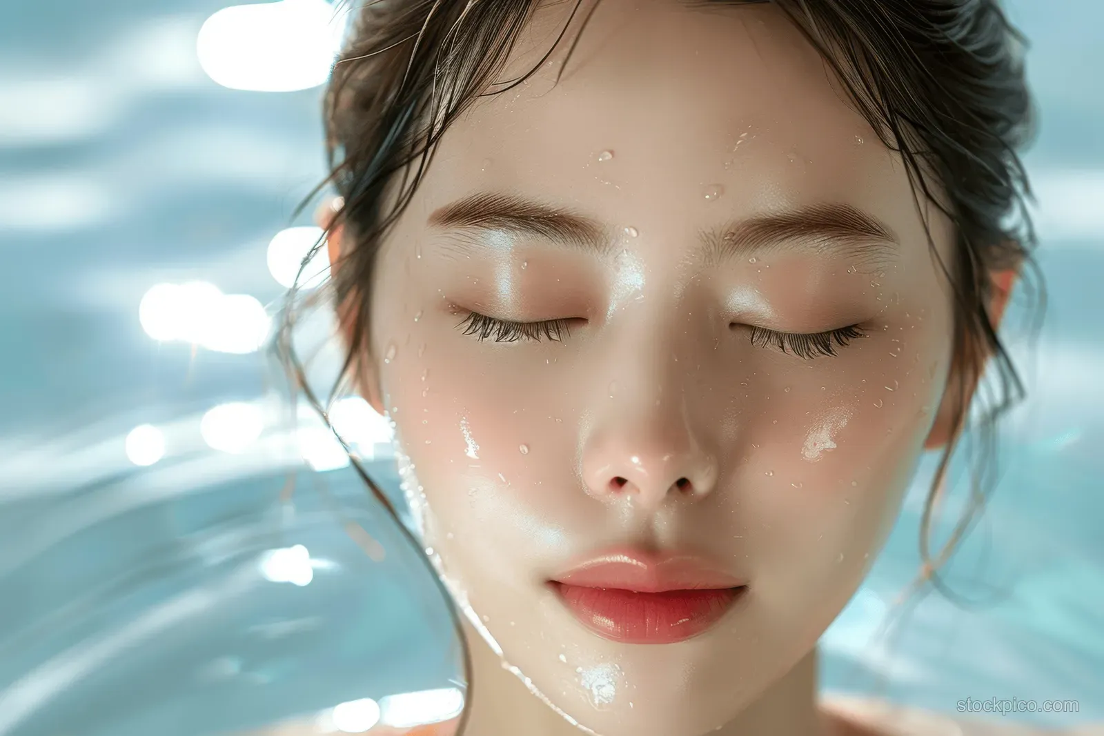Young Asian woman with eyes closed, relaxing in bubbly spa water during a skincare treatment.