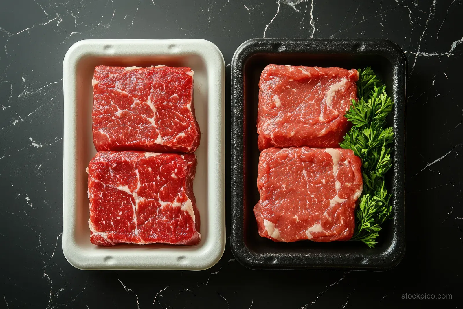 Two top-down raw beef trays with black and white covers sit on dark marble, one with a small herb sprig.