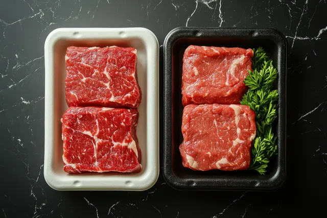 Two top-down raw beef trays with black and white covers sit on dark marble, one with a small herb sprig.