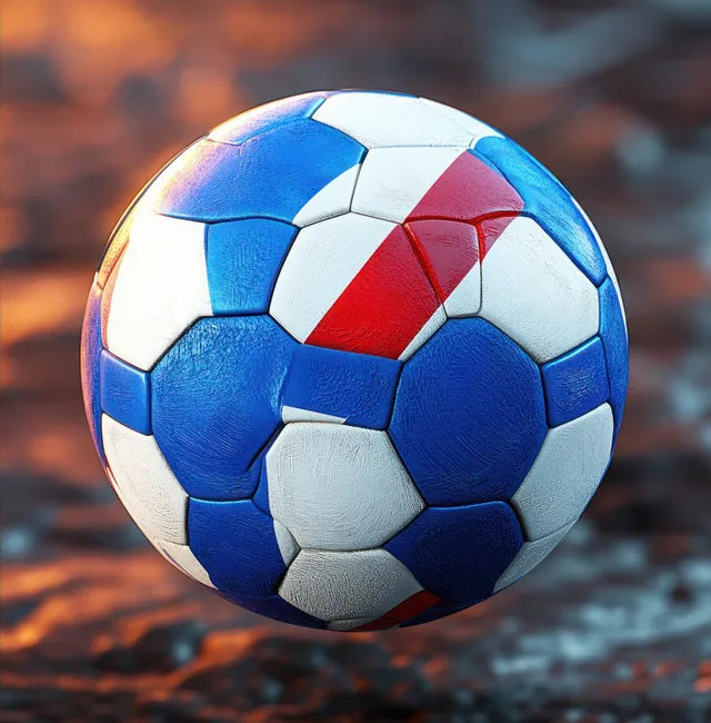 A Scottish flag themed soccer ball sits on a field with blurred stadium lights in the background.