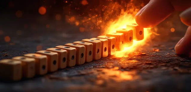 A hand stops a line of dominoes as flames spread across a tabletop, suggesting risk prevention.