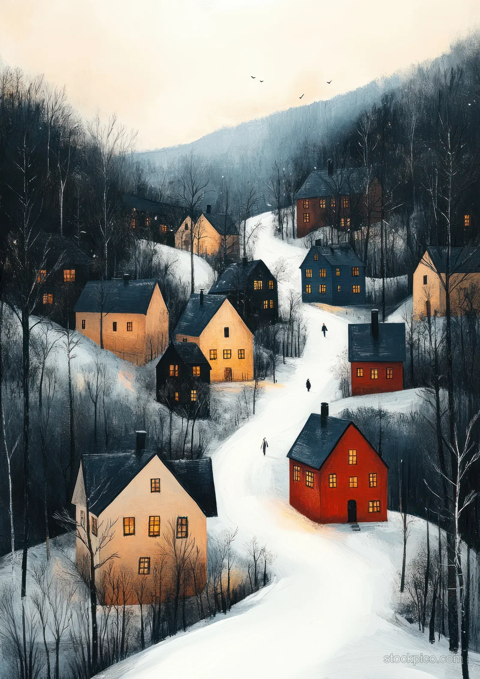 Snow-covered houses in a winter village with a winding path and glowing windows at dusk.