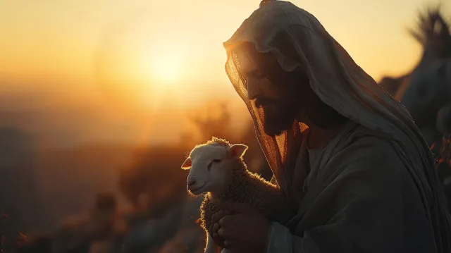 Jesus holding a lamb at sunrise on a mountain ridge with warm golden light