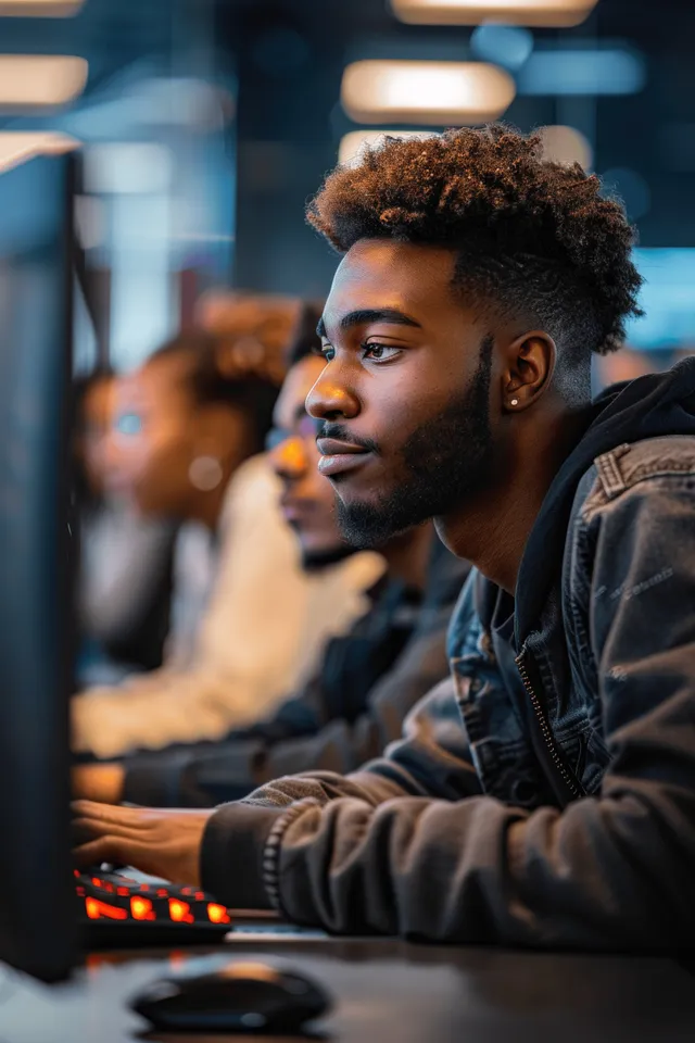 Diverse students collaborating at computers in a university lab, coding business software projects