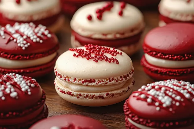 Close-up of red and white macarons stacked on wood with sugar sprinkles