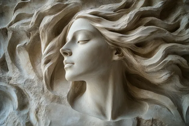 Elegant stone relief of a serene woman in profile, featuring flowing hair and intricate details that highlight her peaceful expression.