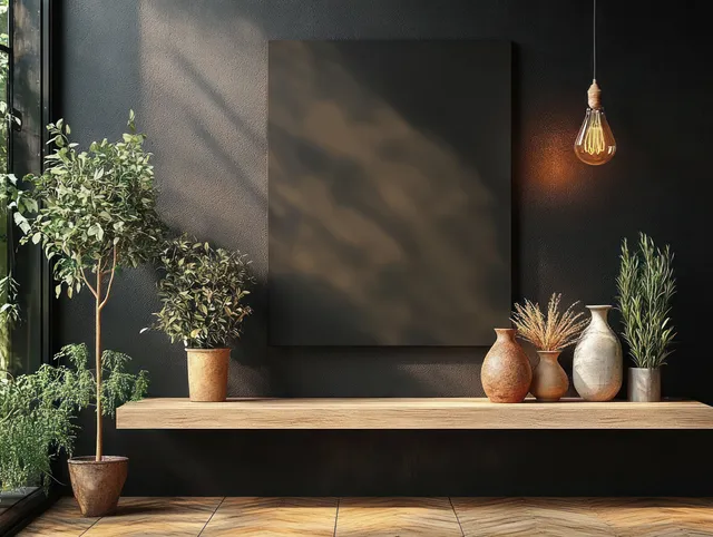 Empty canvas mockup frame on a wooden shelf beside vases and plants with warm hanging lamp glow against a dark wall.