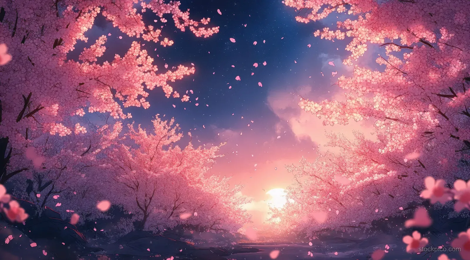 Cherry blossom branches glow with drifting petals around a luminous moon over a starry night landscape.