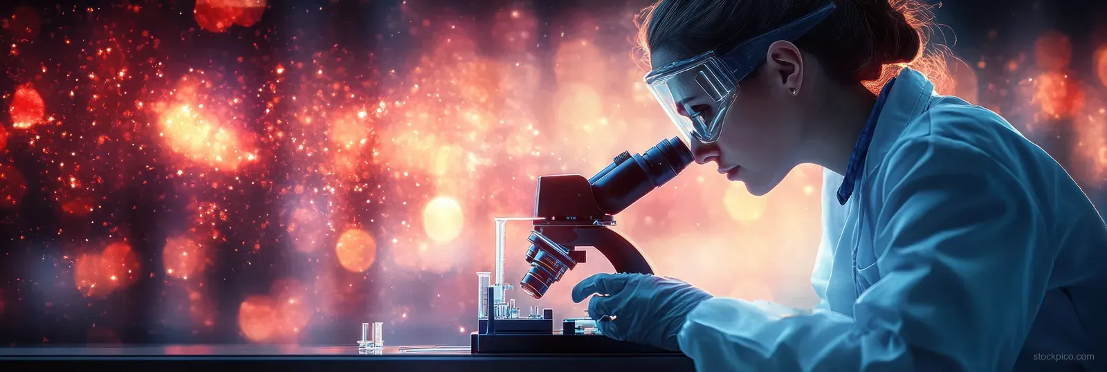 A masked female scientist in protective gear peers into a microscope with a conical flask on a lab bench.
