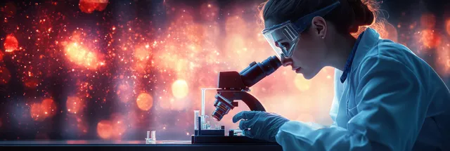 A masked female scientist in protective gear peers into a microscope with a conical flask on a lab bench.