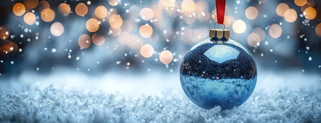 Shiny blue Christmas bauble resting on snowy ground with falling snow and softly blurred lights.