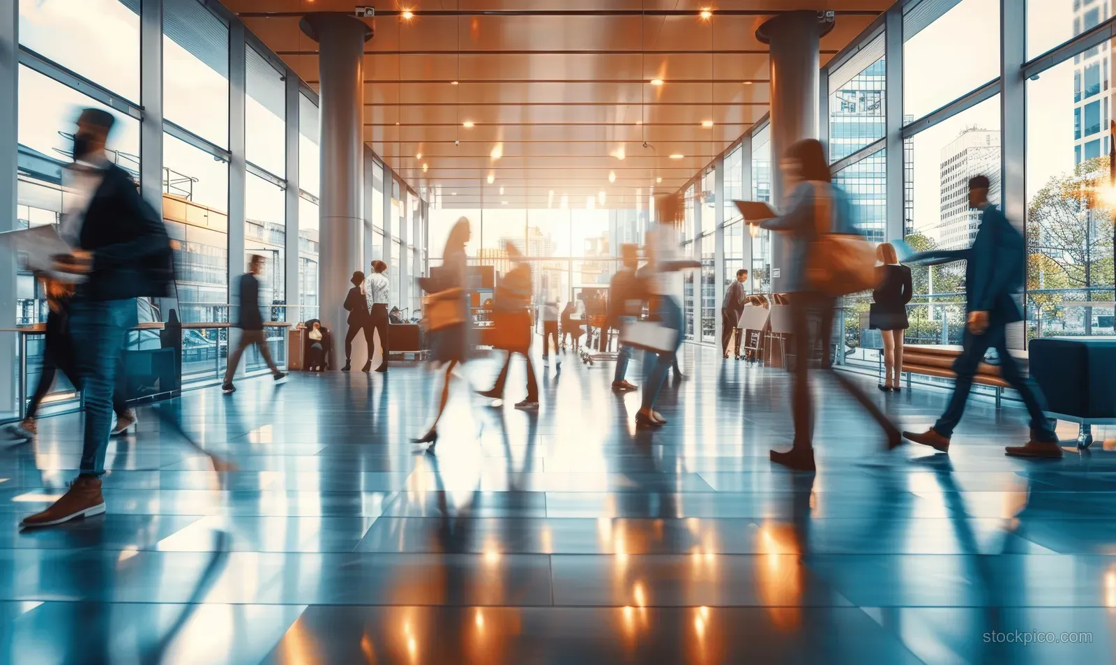 Blurred employees walk through a bright modern office lobby as meeting activity silhouettes appear beyond.