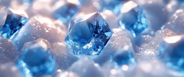 Multiple faceted blue crystals sparkle on a shimmering white surface under bright light reflections.