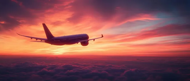 Airplane taking off above storm clouds at vibrant orange and pink sunset