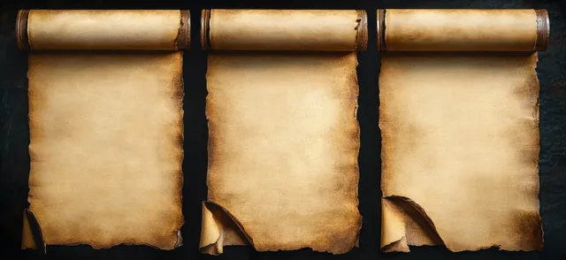 Three ancient parchment scrolls with curled, browned edges lie on a dark stone surface.