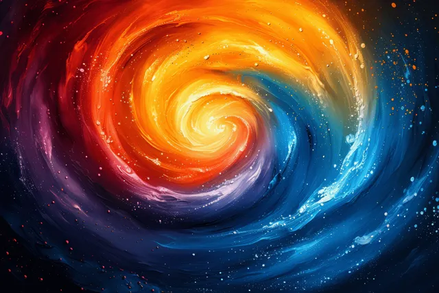 Colorful paint swirl spiral with splashed streaks against a dark cosmic background