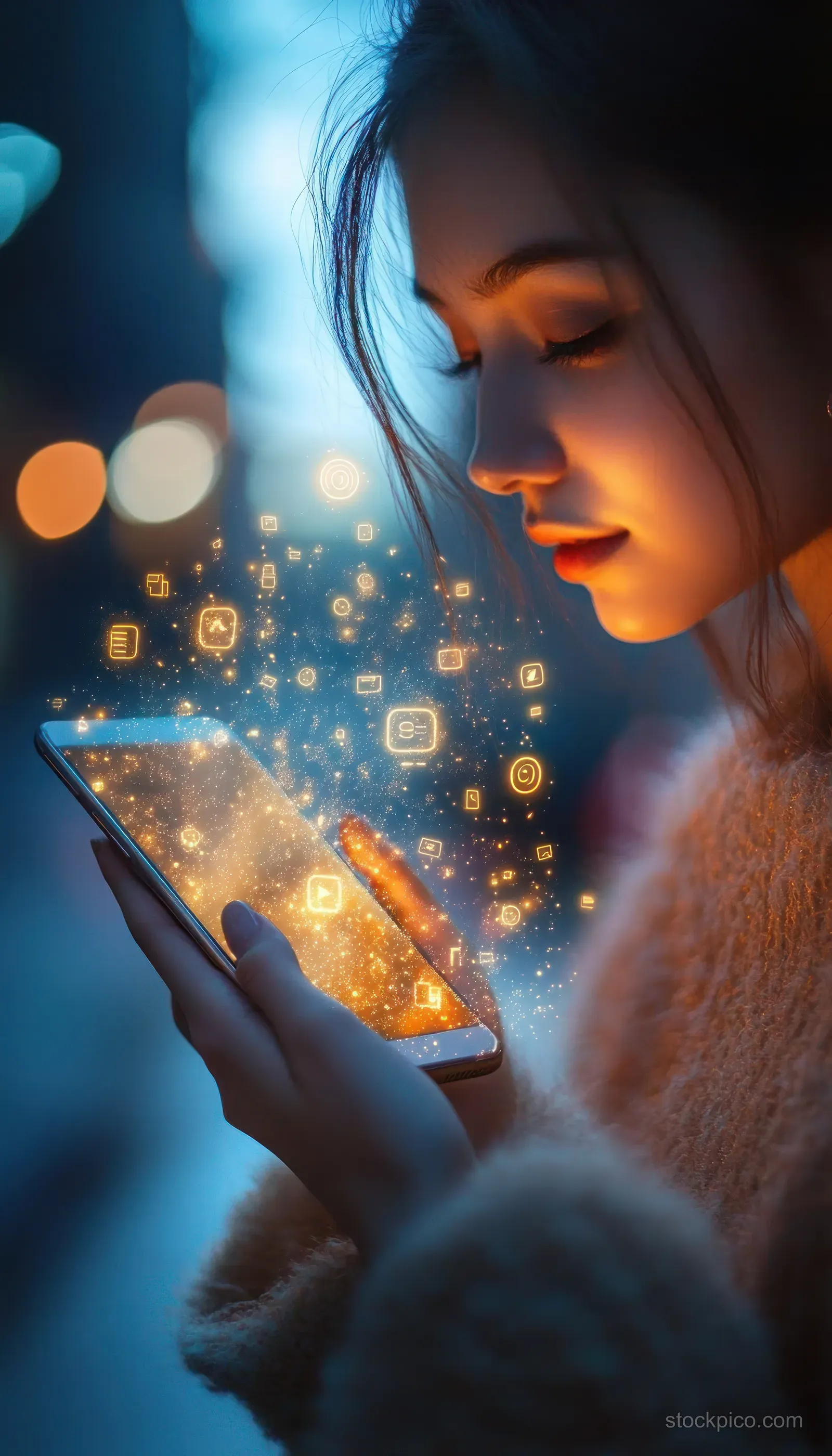 A young woman looks at a glowing smartphone screen with floating digital icons in a softly lit night setting.