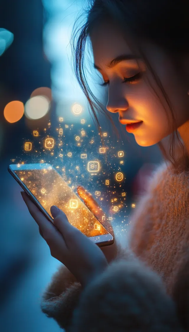 A young woman looks at a glowing smartphone screen with floating digital icons in a softly lit night setting.