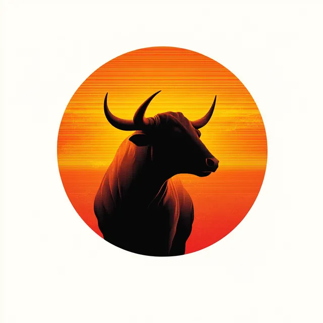 Bull head silhouette with sweeping horns inside glowing orange-red circle gradient backdrop