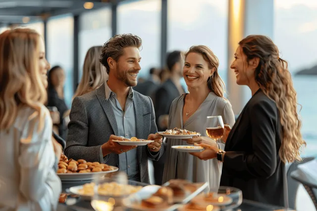 People stand in conversation at an evening event holding appetizer plates and wine glasses near large windows.
