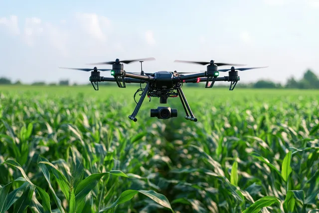 A black drone flies low over green corn rows with a camera facing the field under partly cloudy daylight.