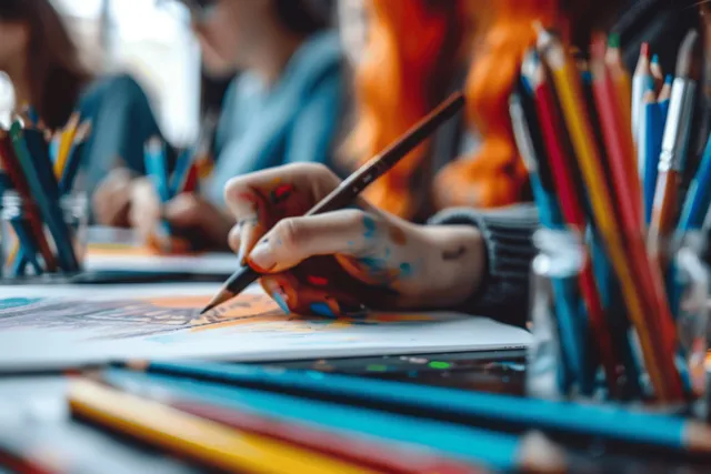 Young artist hand sketching at an art studio table, colorful pencils and brushes nearby