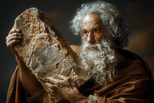 Moses holds weathered stone tablets resembling the Ten Commandments under warm, dramatic studio lighting.