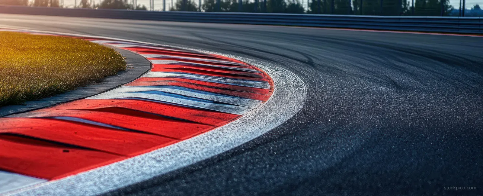 Curved race track corner with textured asphalt, red and white striped curb, and grass beside it in daylight.